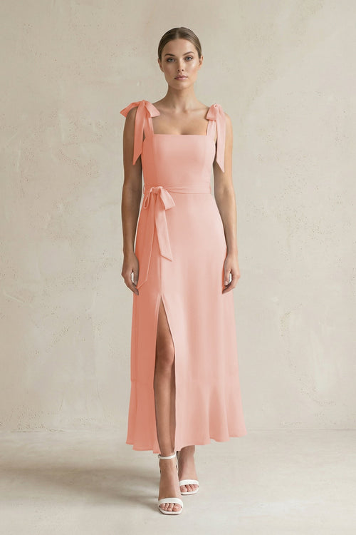 Square Neck A - Line Chiffon Midi Bridesmaid Dress with Bow in Rose Petal - SHE IS ME Bridesmaid Dresses