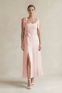 Square Neck A-Line Chiffon Midi Bridesmaid Dress with Bow in Rose Petal | KISSBRIDAL