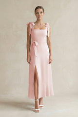 Square Neck A-Line Chiffon Midi Bridesmaid Dress with Bow in Rose Petal | KISSBRIDAL