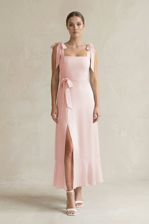 Square Neck A-Line Chiffon Midi Bridesmaid Dress with Bow in Rose Petal | KISSBRIDAL