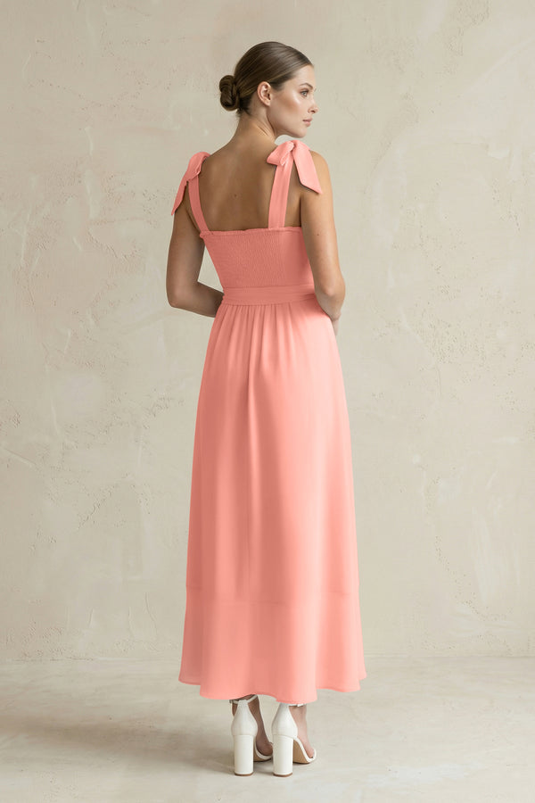 Square Neck A-Line Chiffon Midi Bridesmaid Dress with Bow in Rosette (2) | KISSBRIDAL