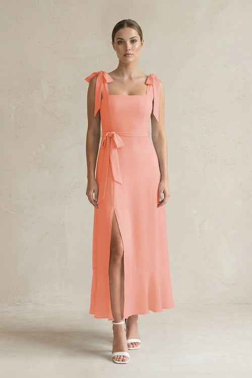 Square Neck A - Line Chiffon Midi Bridesmaid Dress with Bow in Rosette - SHE IS ME Bridesmaid Dresses
