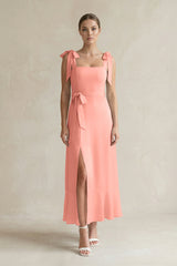 Square Neck A-Line Chiffon Midi Bridesmaid Dress with Bow in Rosette | KISSBRIDAL