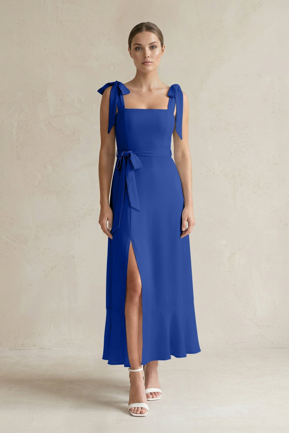 Square Neck A - Line Chiffon Midi Bridesmaid Dress with Bow in Royal Blue - SHE IS ME Bridesmaid Dresses