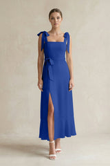 Square Neck A - Line Chiffon Midi Bridesmaid Dress with Bow in Royal Blue - KISS BRIDAL Bridesmaid Dresses
