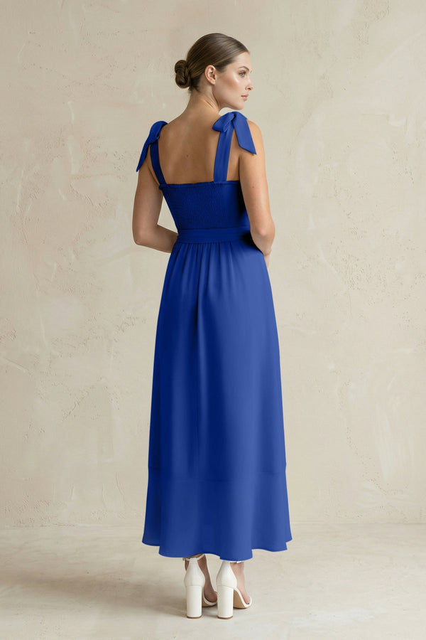 Square Neck A - Line Chiffon Midi Bridesmaid Dress with Bow in Royal Blue - SHE IS ME Bridesmaid Dresses