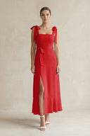 Square Neck A - Line Chiffon Midi Bridesmaid Dress with Bow in Ruby Red - SHE IS ME Bridesmaid Dresses