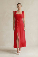 Square Neck A - Line Chiffon Midi Bridesmaid Dress with Bow in Ruby Red - KISS BRIDAL Bridesmaid Dresses
