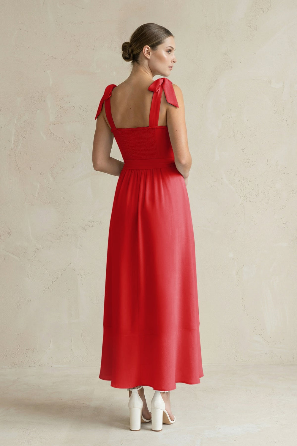 Square Neck A - Line Chiffon Midi Bridesmaid Dress with Bow in Ruby Red - KISS BRIDAL Bridesmaid Dresses