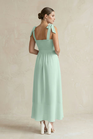Square Neck A-Line Chiffon Midi Bridesmaid Dress with Bow in Sage (2) | KISSBRIDAL