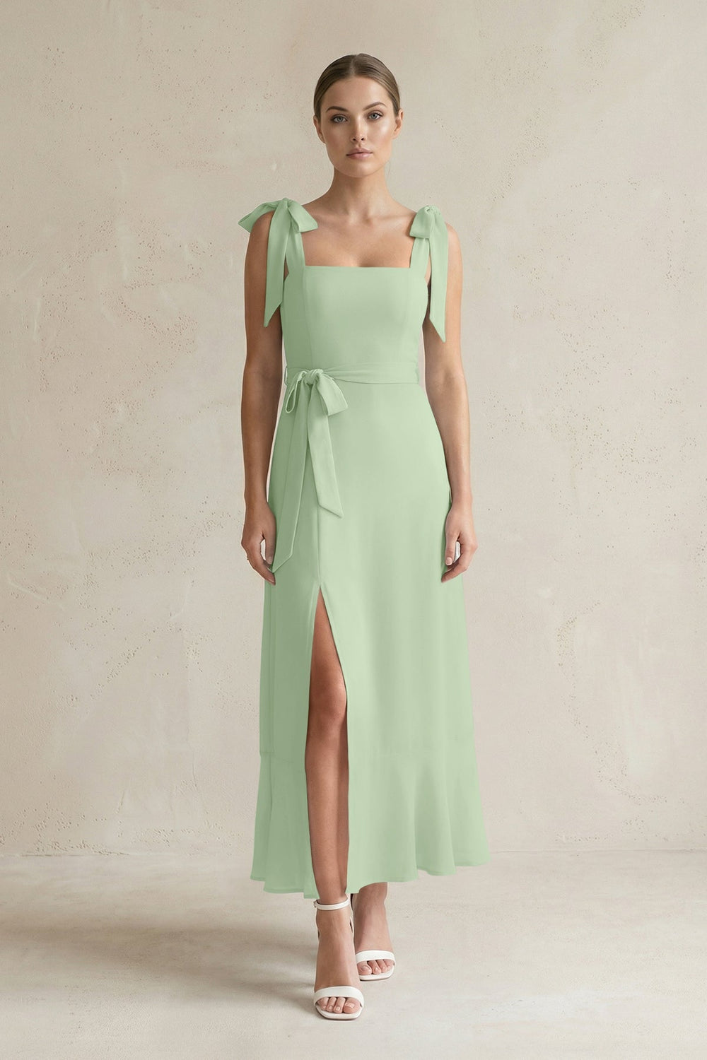 Square Neck A - Line Chiffon Midi Bridesmaid Dress with Bow in Sage - KISS BRIDAL Bridesmaid Dresses