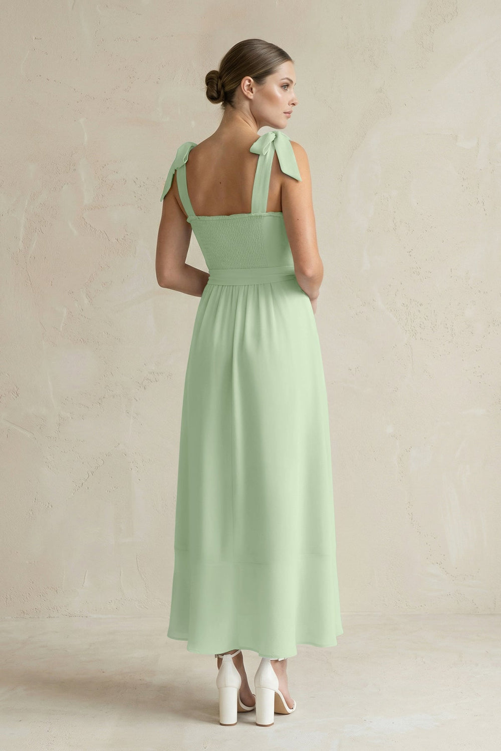 Square Neck A - Line Chiffon Midi Bridesmaid Dress with Bow in Sage - KISS BRIDAL Bridesmaid Dresses