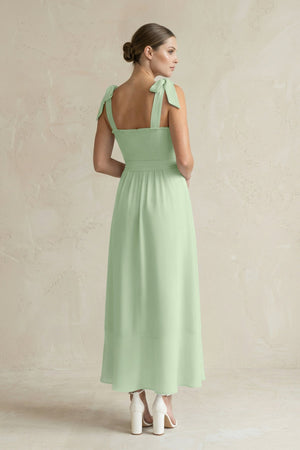 Square Neck A - Line Chiffon Midi Bridesmaid Dress with Bow in Sage - SHE IS ME Bridesmaid Dresses