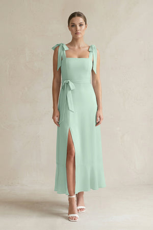 Square Neck A-Line Chiffon Midi Bridesmaid Dress with Bow in Sage | KISSBRIDAL