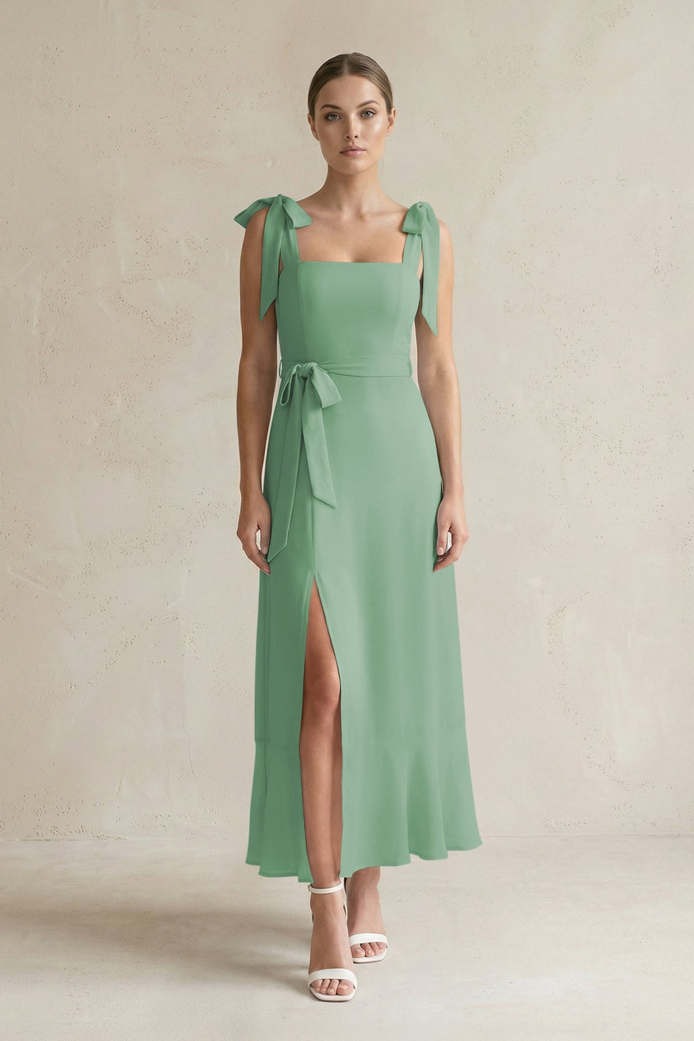 Square Neck A - Line Chiffon Midi Bridesmaid Dress with Bow in Sea Glass - KISS BRIDAL Bridesmaid Dresses