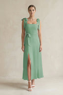 Square Neck A - Line Chiffon Midi Bridesmaid Dress with Bow in Sea Glass - SHE IS ME Bridesmaid Dresses