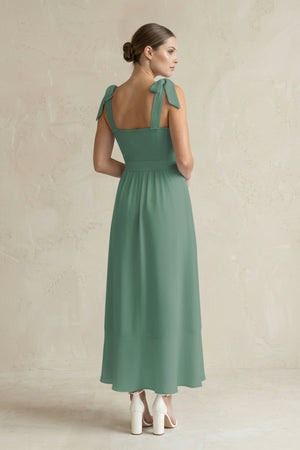 Square Neck A-Line Chiffon Midi Bridesmaid Dress with Bow in Sea Glass (2) | KISSBRIDAL