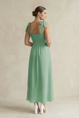 Square Neck A - Line Chiffon Midi Bridesmaid Dress with Bow in Sea Glass - SHE IS ME Bridesmaid Dresses