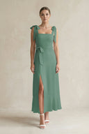 Square Neck A-Line Chiffon Midi Bridesmaid Dress with Bow in Sea Glass | KISSBRIDAL