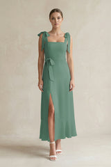 Square Neck A-Line Chiffon Midi Bridesmaid Dress with Bow in Sea Glass | KISSBRIDAL