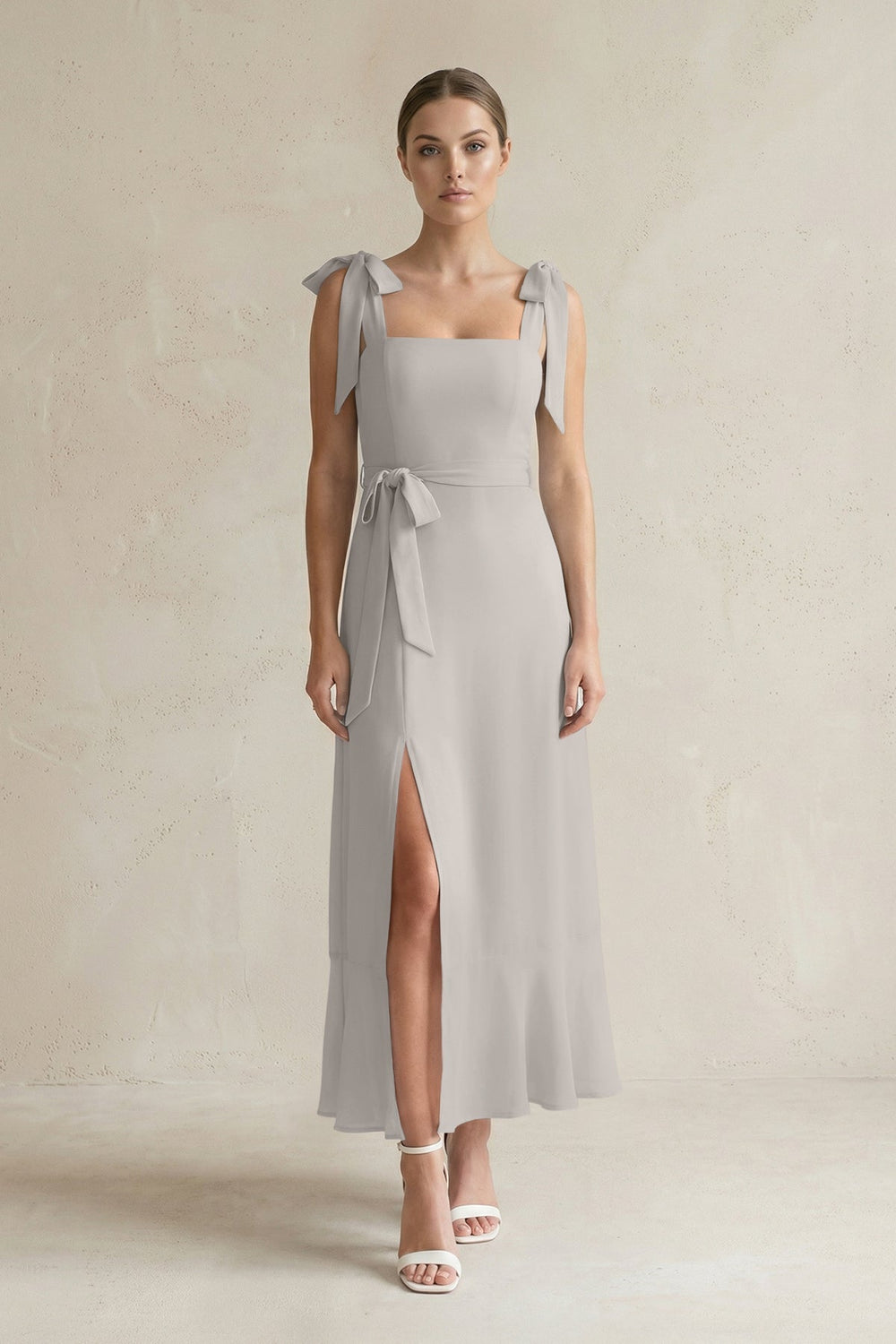 Square Neck A - Line Chiffon Midi Bridesmaid Dress with Bow in Silver - SHE IS ME Bridesmaid Dresses
