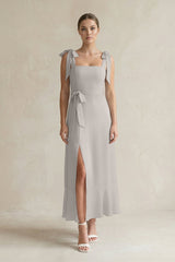 Square Neck A - Line Chiffon Midi Bridesmaid Dress with Bow in Silver - KISS BRIDAL Bridesmaid Dresses