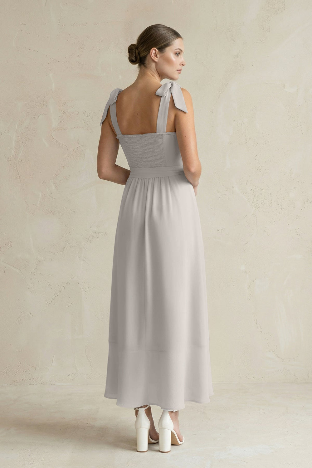 Square Neck A - Line Chiffon Midi Bridesmaid Dress with Bow in Silver - SHE IS ME Bridesmaid Dresses