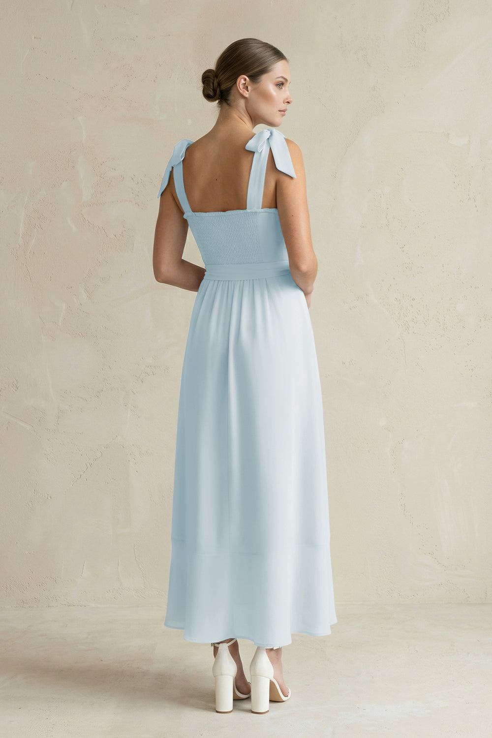 Square Neck A-Line Chiffon Midi Bridesmaid Dress with Bow in Sky Blue