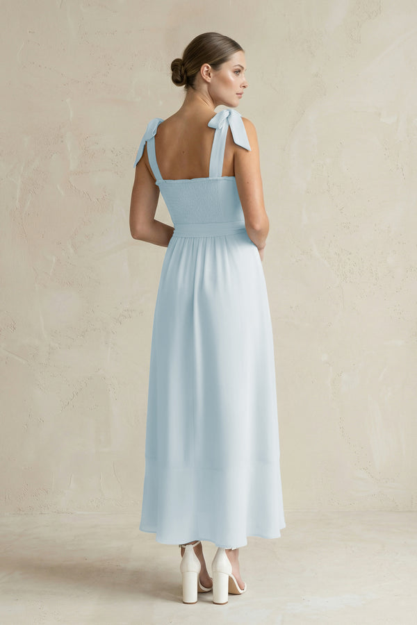 Square Neck A-Line Chiffon Midi Bridesmaid Dress with Bow in Sky Blue (2) | KISSBRIDAL
