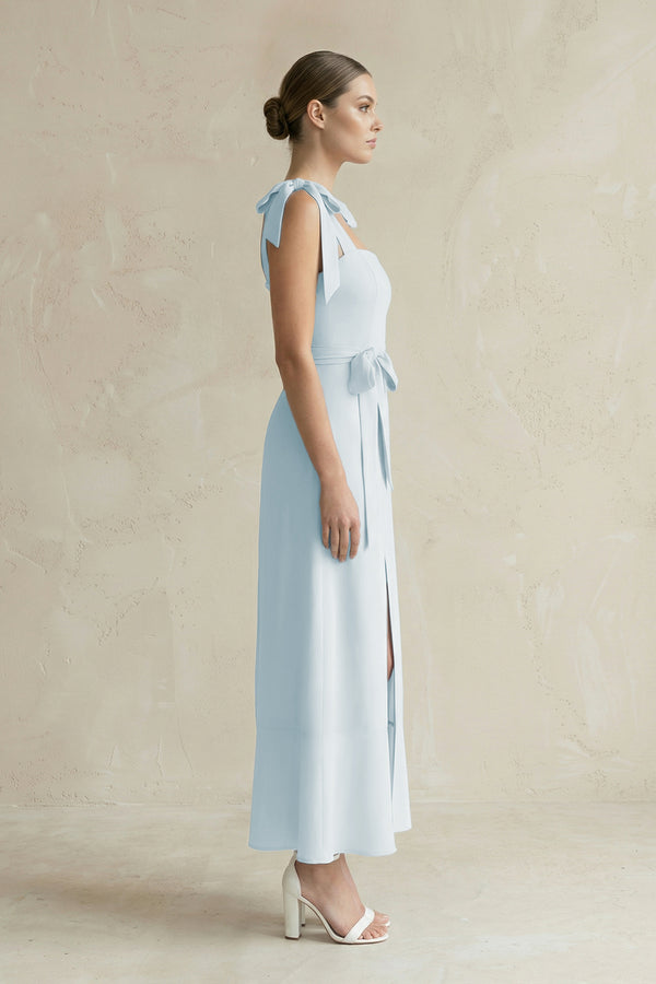 Square Neck A-Line Chiffon Midi Bridesmaid Dress with Bow in Sky Blue (3) | KISSBRIDAL