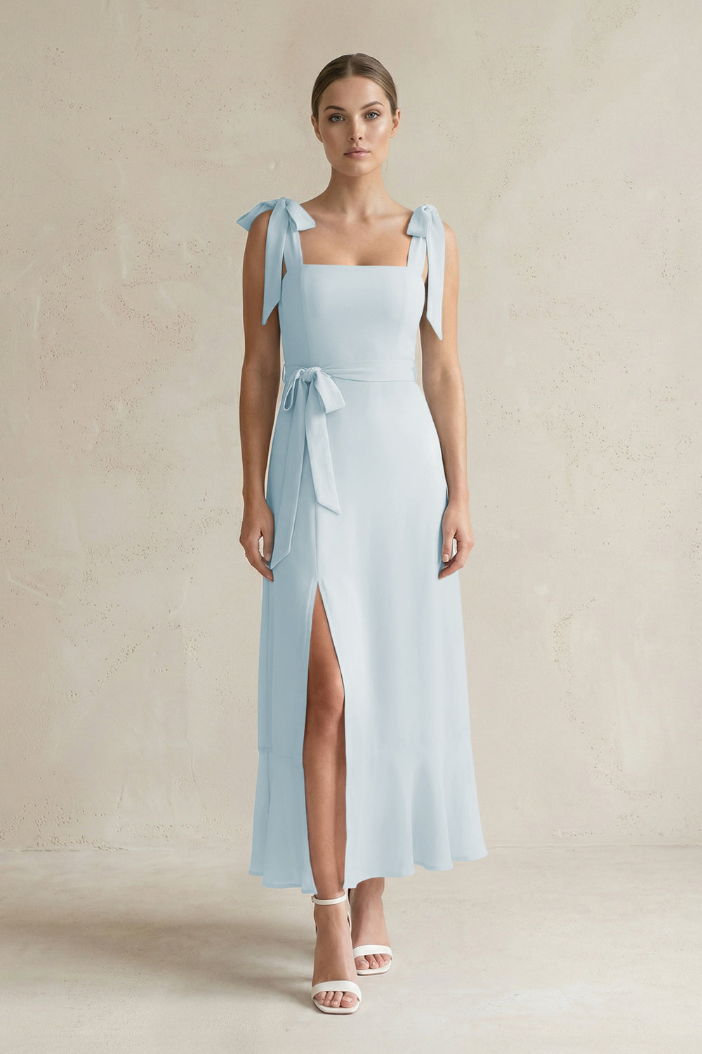 Square Neck A-Line Chiffon Midi Bridesmaid Dress with Bow in Sky Blue