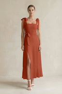 Square Neck A - Line Chiffon Midi Bridesmaid Dress with Bow in Spice - SHE IS ME Bridesmaid Dresses
