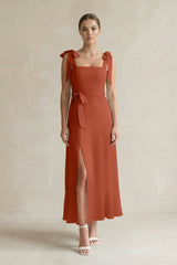 Square Neck A - Line Chiffon Midi Bridesmaid Dress with Bow in Spice - KISS BRIDAL Bridesmaid Dresses
