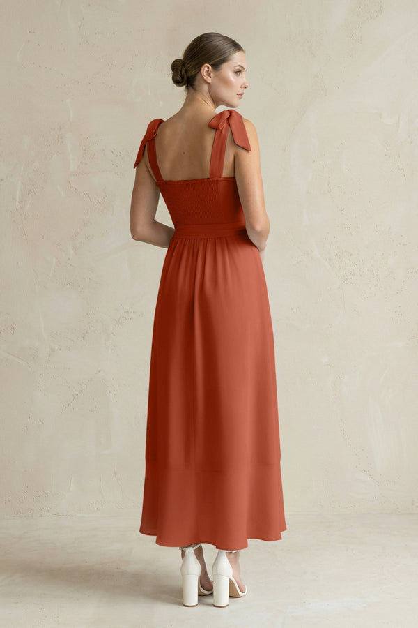 Square Neck A - Line Chiffon Midi Bridesmaid Dress with Bow in Spice - SHE IS ME Bridesmaid Dresses