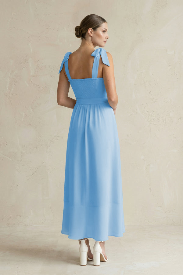 Square Neck A - Line Chiffon Midi Bridesmaid Dress with Bow in Steel Blue - SHE IS ME Bridesmaid Dresses