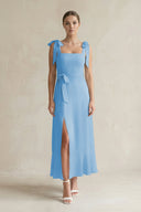 Square Neck A - Line Chiffon Midi Bridesmaid Dress with Bow in Steel Blue - SHE IS ME Bridesmaid Dresses