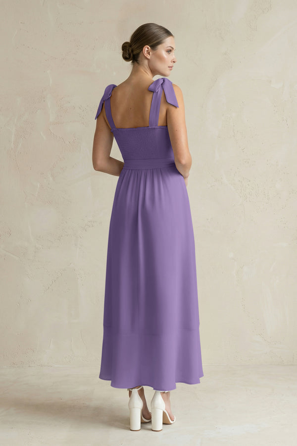 Square Neck A-Line Chiffon Midi Bridesmaid Dress with Bow in Tahiti (2) | KISSBRIDAL