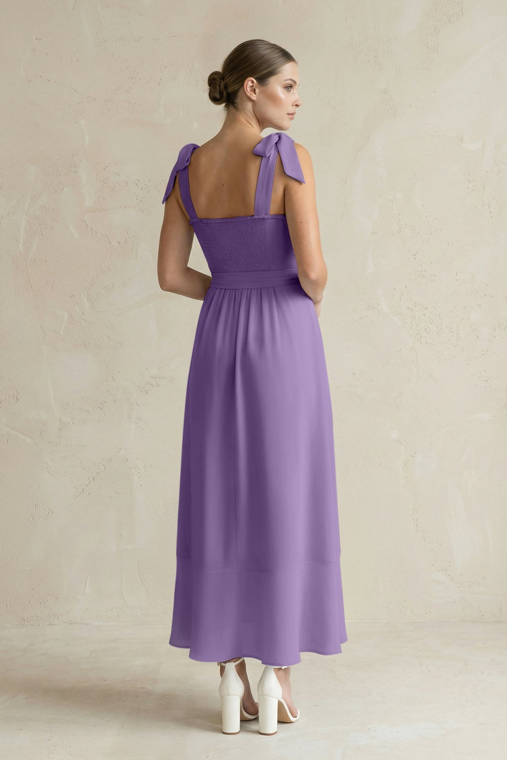 Square Neck A - Line Chiffon Midi Bridesmaid Dress with Bow in Tahiti - SHE IS ME Bridesmaid Dresses