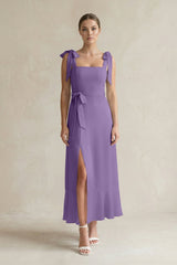 Square Neck A - Line Chiffon Midi Bridesmaid Dress with Bow in Tahiti - KISS BRIDAL Bridesmaid Dresses