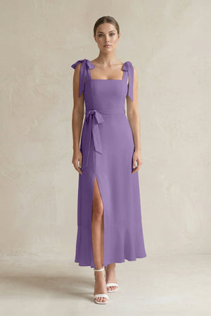 Square Neck A - Line Chiffon Midi Bridesmaid Dress with Bow in Tahiti - SHE IS ME Bridesmaid Dresses