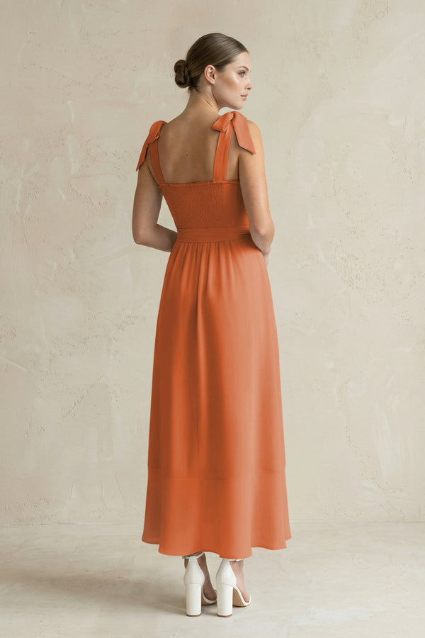 Square Neck A - Line Chiffon Midi Bridesmaid Dress with Bow in Terracotta - SHE IS ME Bridesmaid Dresses