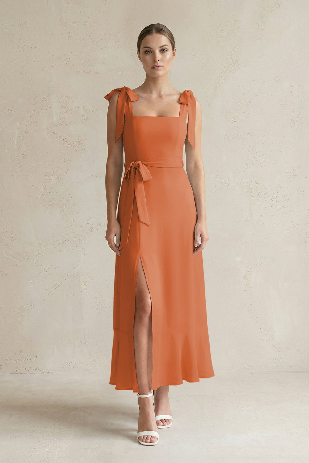 Square Neck A - Line Chiffon Midi Bridesmaid Dress with Bow in Terracotta - KISS BRIDAL Bridesmaid Dresses