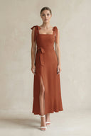 Square Neck A-Line Chiffon Midi Bridesmaid Dress with Bow in Terracotta | KISSBRIDAL