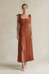 Square Neck A-Line Chiffon Midi Bridesmaid Dress with Bow in Terracotta | KISSBRIDAL