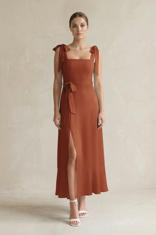 Square Neck A-Line Chiffon Midi Bridesmaid Dress with Bow in Terracotta | KISSBRIDAL