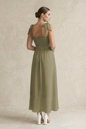 Square Neck A-Line Chiffon Midi Bridesmaid Dress with Bow in Thyme (2) | KISSBRIDAL