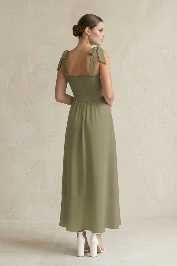 Square Neck A-Line Chiffon Midi Bridesmaid Dress with Bow in Thyme (2) | KISSBRIDAL