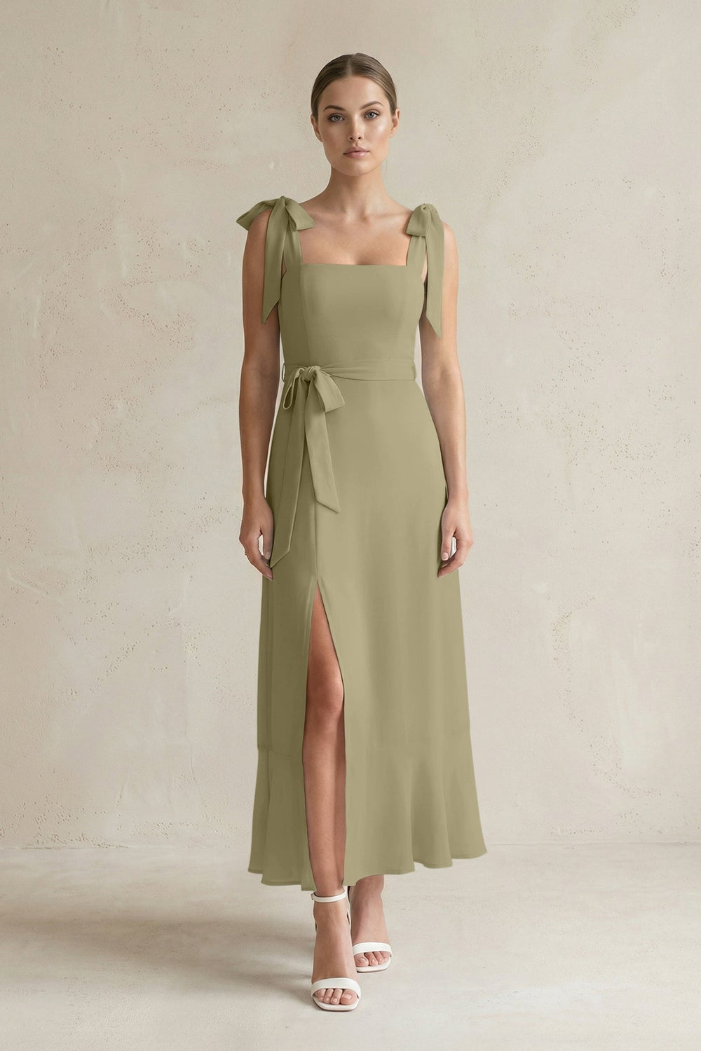 Square Neck A - Line Chiffon Midi Bridesmaid Dress with Bow in Thyme - KISS BRIDAL Bridesmaid Dresses