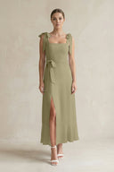 Square Neck A - Line Chiffon Midi Bridesmaid Dress with Bow in Thyme - SHE IS ME Bridesmaid Dresses
