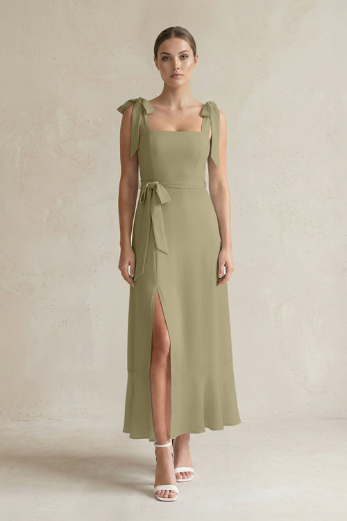 Square Neck A - Line Chiffon Midi Bridesmaid Dress with Bow in Thyme - SHE IS ME Bridesmaid Dresses